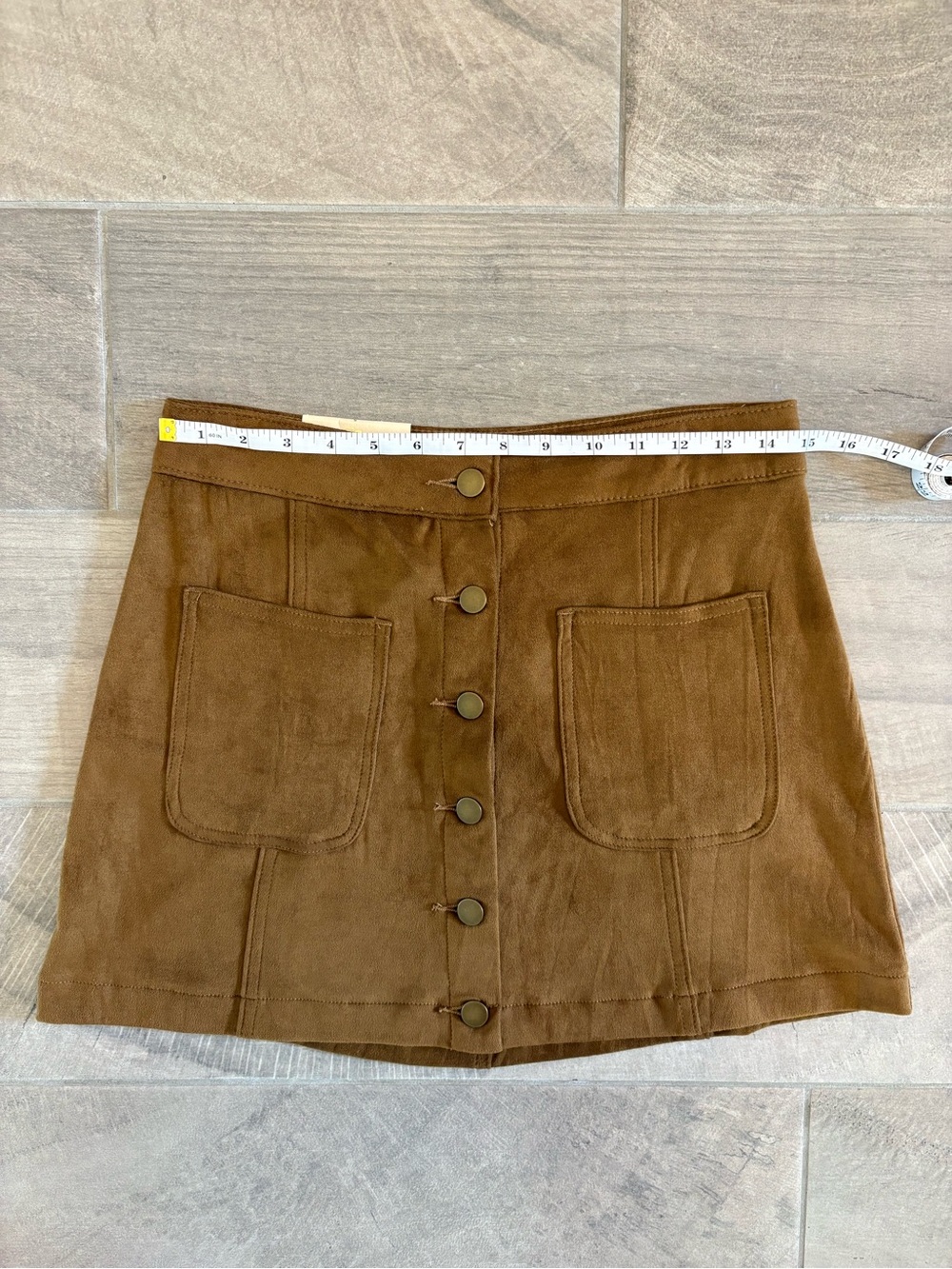 Altar’d State Faux Suede Button Front Mini Skirt Caramel Brown Pockets Fall S - Picture 9 of 10